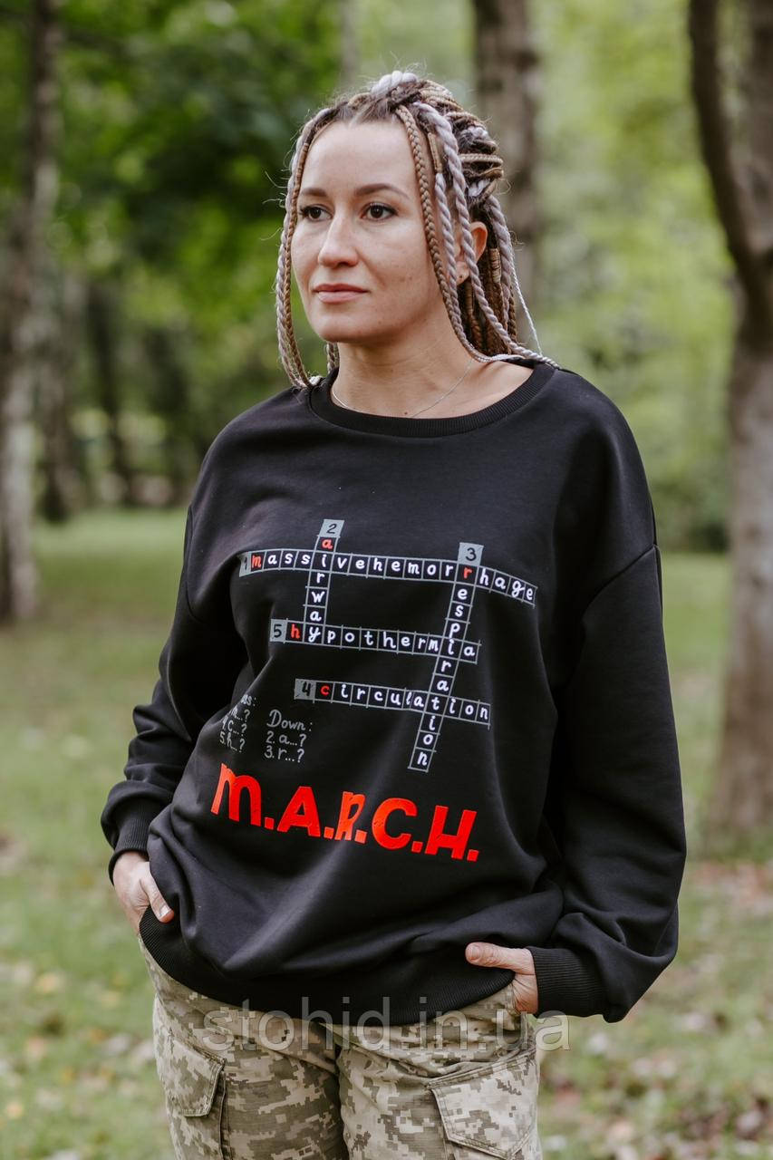 Чорний жіночий світшот для медиків з принтом MARCH Кросворд Стохід, фото 1