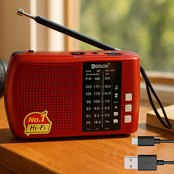 Акумуляторний радіоприймач, FM/AM/SW, USB/TF, 1х18650, Golon ICF-8BT, Червоний / Портативний радіоприймач / ФМ радіоприймач
