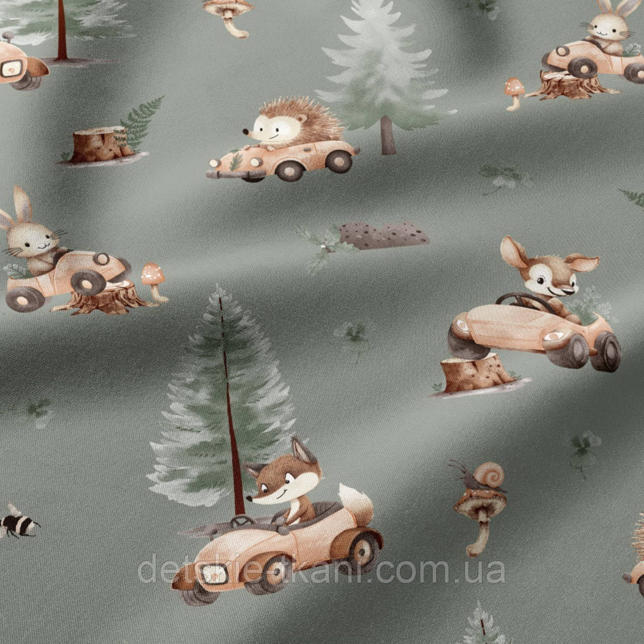 Дитяча х/б тканина польська бязь "Звірі в авто і ялинки" (рулоном), фото 1