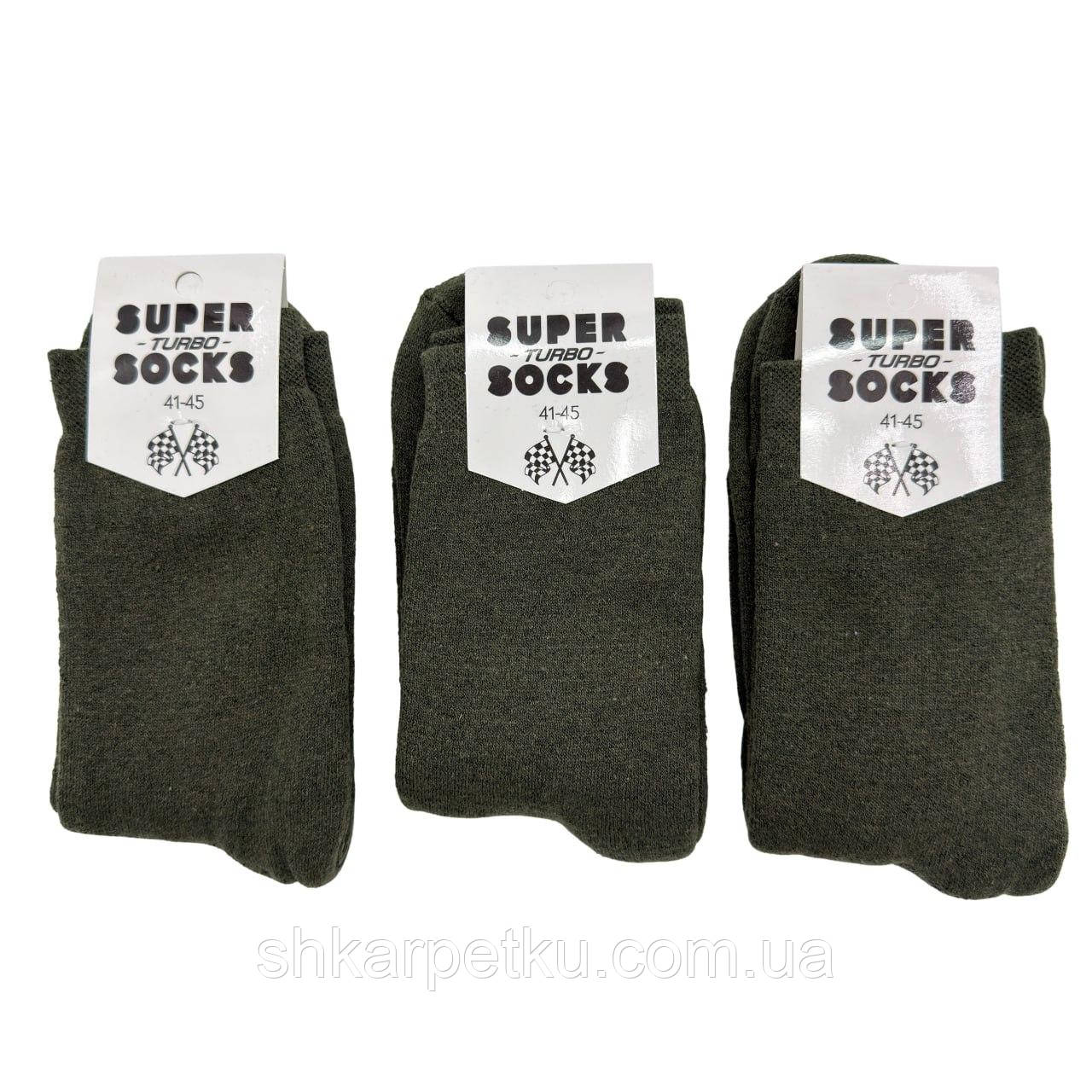 Чоловічі зимові високі махрові шкарпетки, однотонні, 41-45, 12 пар/уп хакі, фото 1