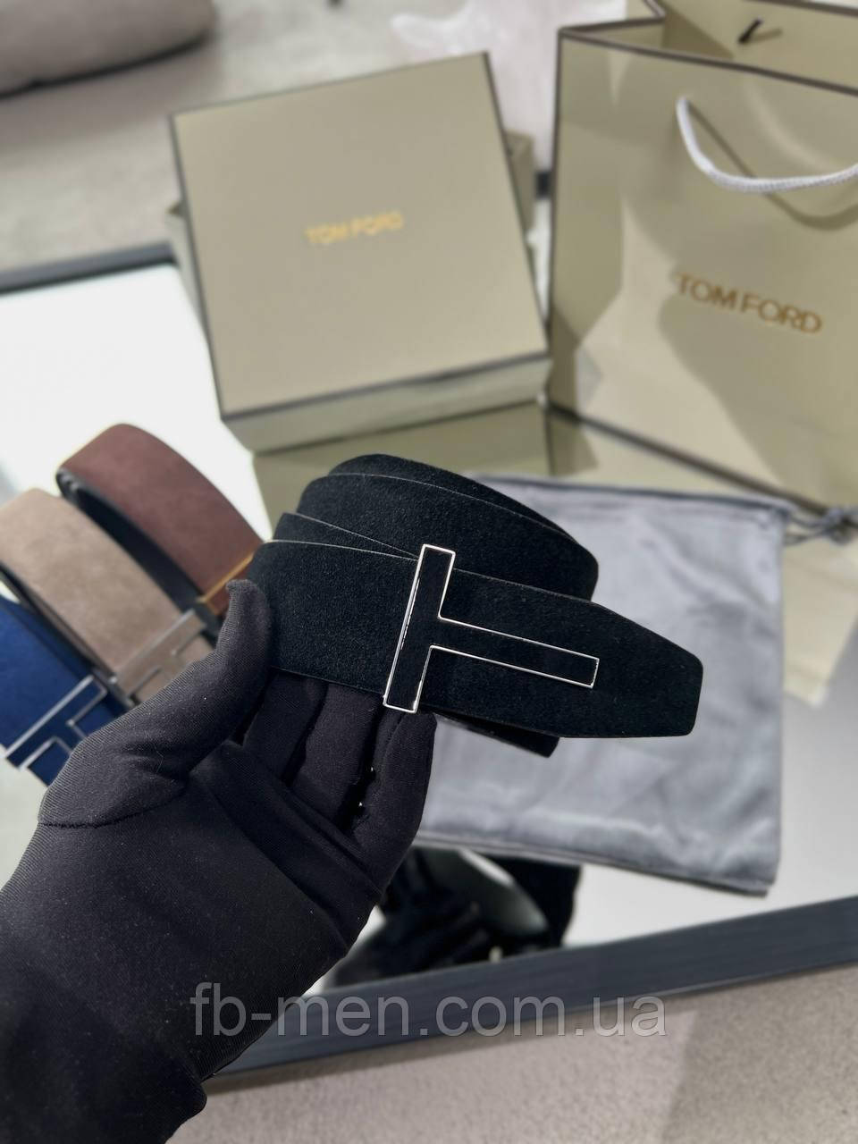 Ремінь Tom Ford із натуральної замші з фірмовою пряжкою чорний преміум якість, фото 1