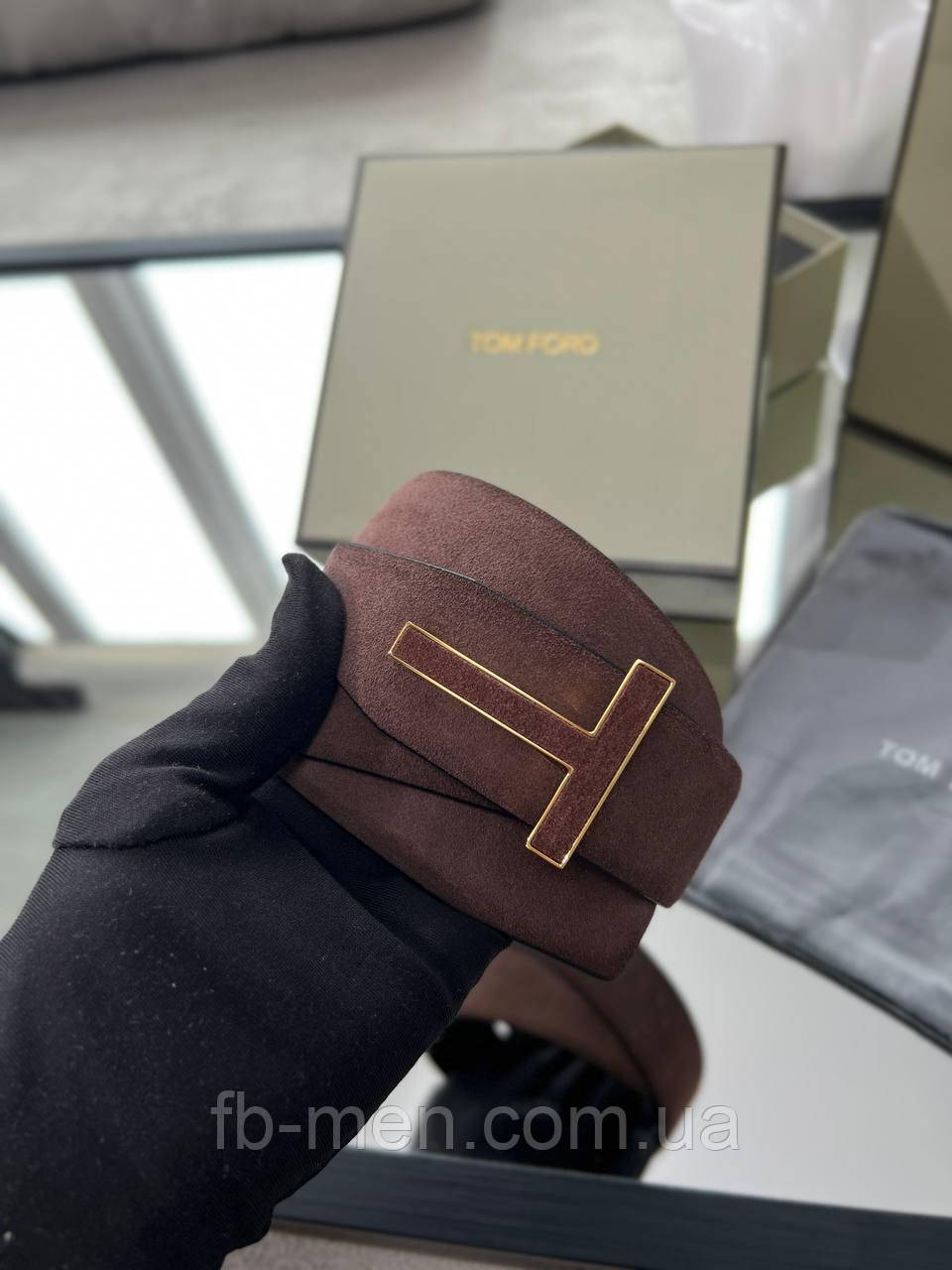 Ремінь Tom Ford із натуральної замші з фірмовою пряжкою чорний преміум якість, фото 1