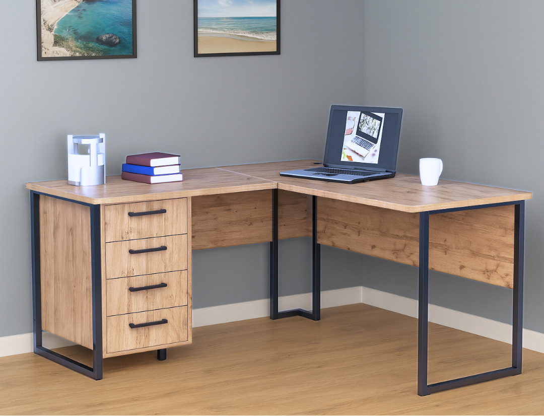 Стіл кутовий офісний Tobi Sho LOFT Gold СУЛГ/2-1 з 4 шухлядами стільниця 18 мм, 1400х1200х750 Дуб аппалачі, фото 1