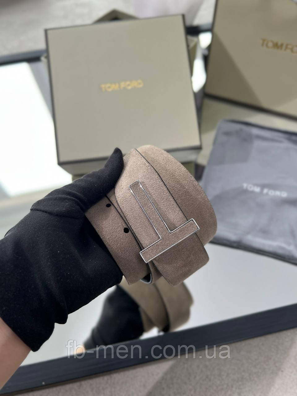 Ремінь Tom Ford замшевий із фірмовою пряжкою бежевий преміум'якість, фото 1