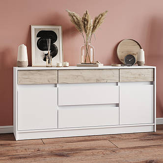 Великий комод із дверима та шухлядами Еверест Стайл-1600 160,2х39х75,4 см Німфея Альба (білий)/Дуб Крафт сірий PREMIUM, фото 1