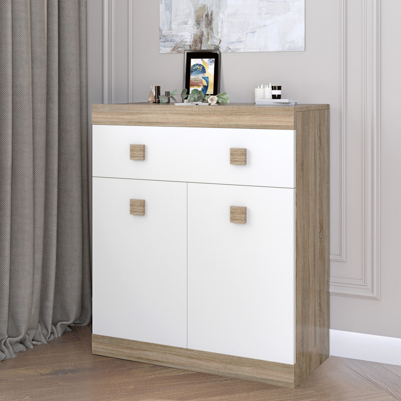 Комод з дверима та ящиком Еверест Соната-4 80х38х94 дуб сонома + білий PREMIUM