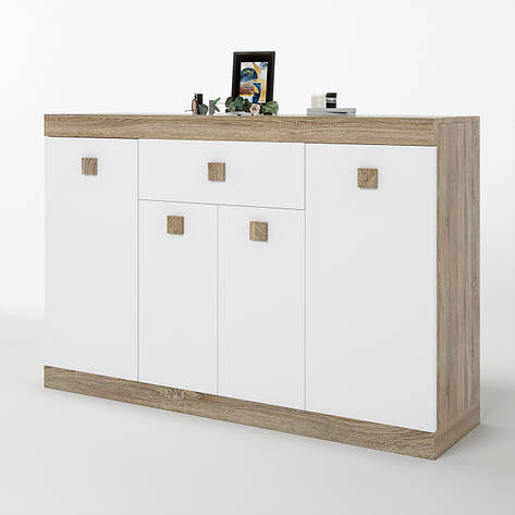 Великий комод Еверест з дверима та ящиком Соната-7 140х38х94 дуб сонома + білий PREMIUM, фото 2