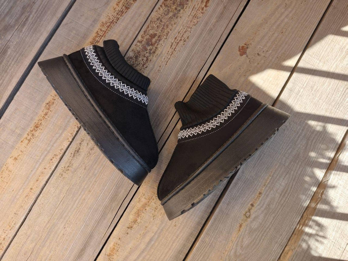 Сабо Уги ЧОРНІ BLACK з орнаментом та шкарпеткой короткі на високій рідкорній підошві  з утепленою устілкою жіночі, фото 1