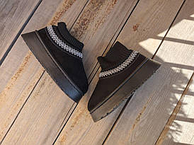 Сабо Уги ЧОРНІ BLACK з орнаментом та шкарпеткой короткі на високій рідкорній підошві  з утепленою устілкою жіночі