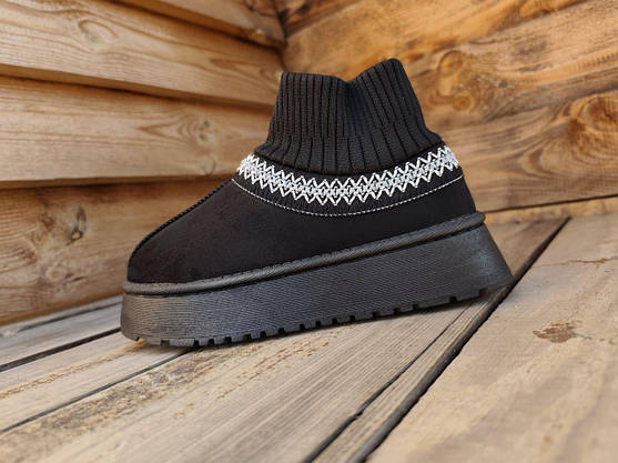 Сабо Уги ЧОРНІ BLACK з орнаментом та шкарпеткой короткі на високій рідкорній підошві  з утепленою устілкою жіночі, фото 4