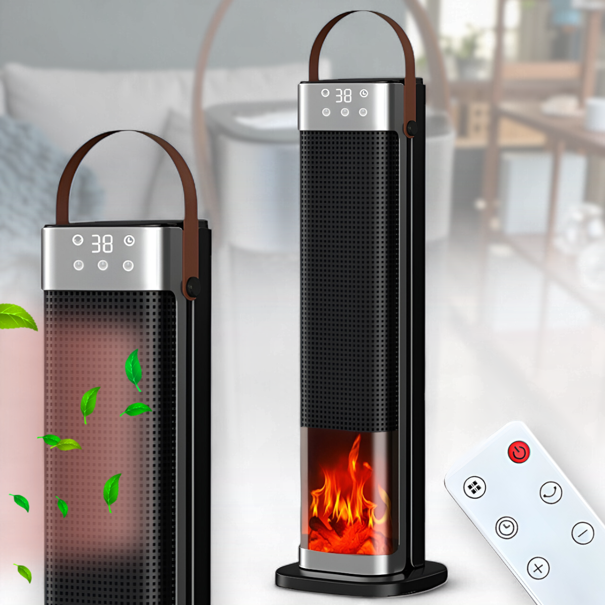 Колонний керамічний нагрівач з ефектом каміна, таймером і пультом ДК HQ30-300BS, фото 1