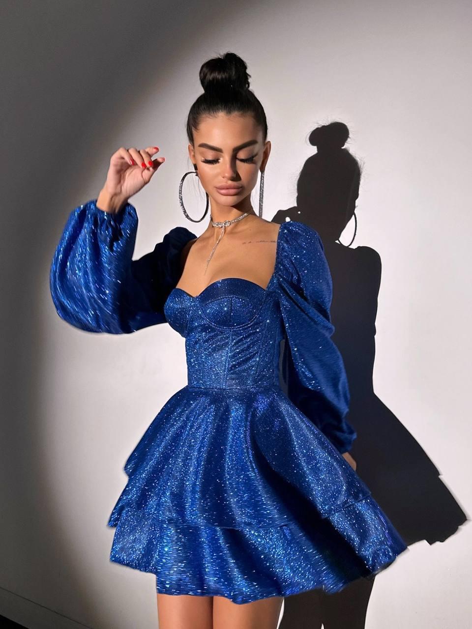 Жіноча вечірня блискуча корсетна сукня бюстьє міні з пишною спідницею, фото 1