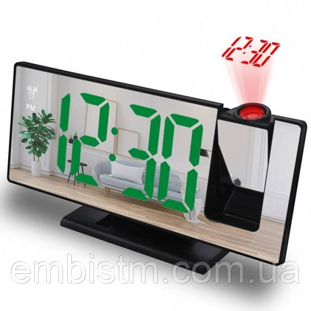 Цифровий годинник з проєкцією на стелю Настільний годинник із дзеркальним LED-дисплеєм Зелений колір циферблата, фото 1