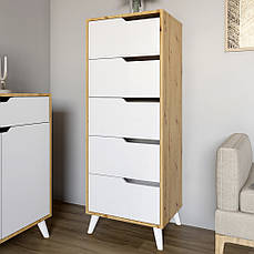 Комод високий з білими ніжками 5 ящиків М-ЗОН Борн 500 Дуб Артизан/Німфея Альба (білий) PREMIUM