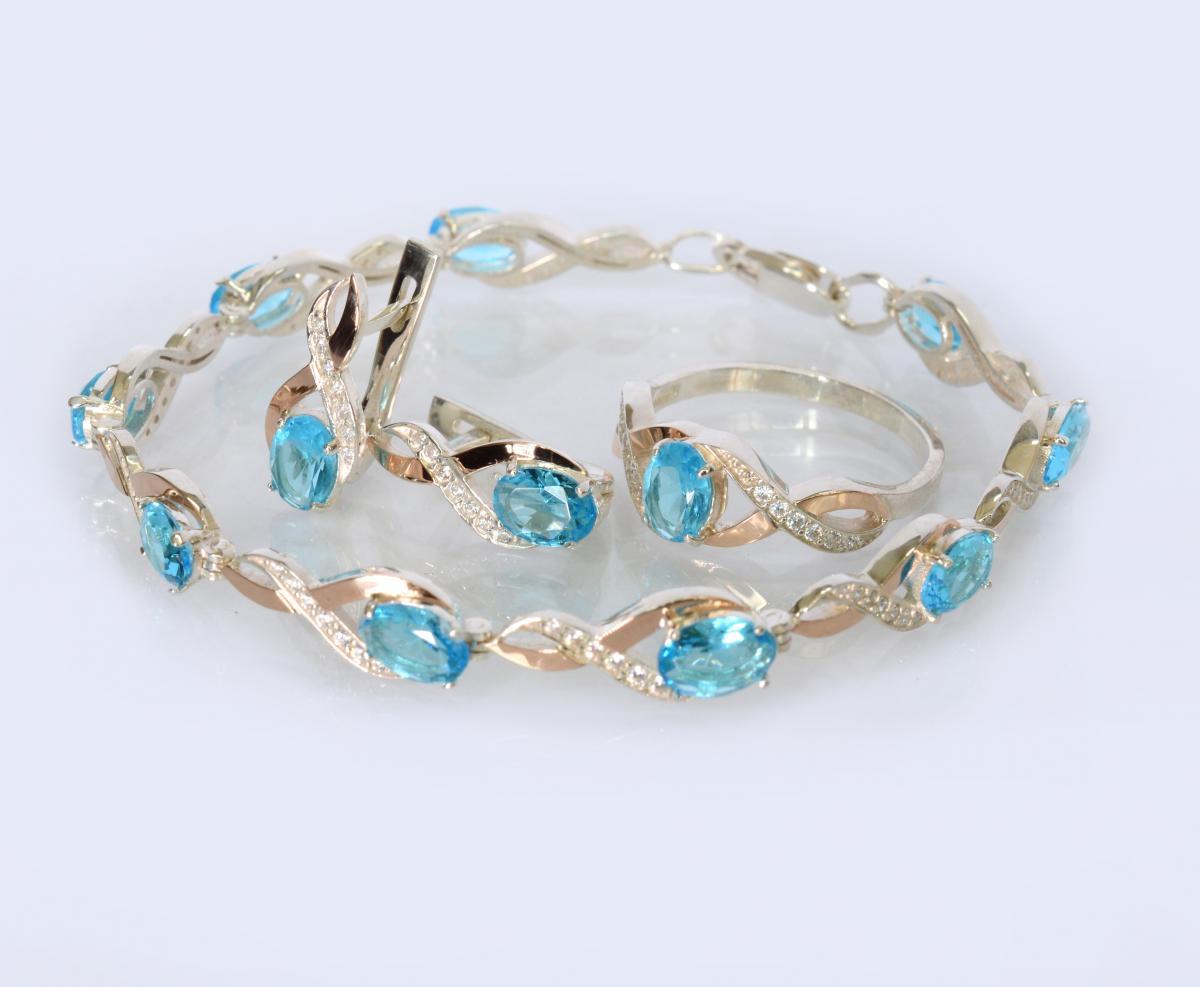 Срібний комплект прикрас( Браслет, сережки та каблучка), фото 1