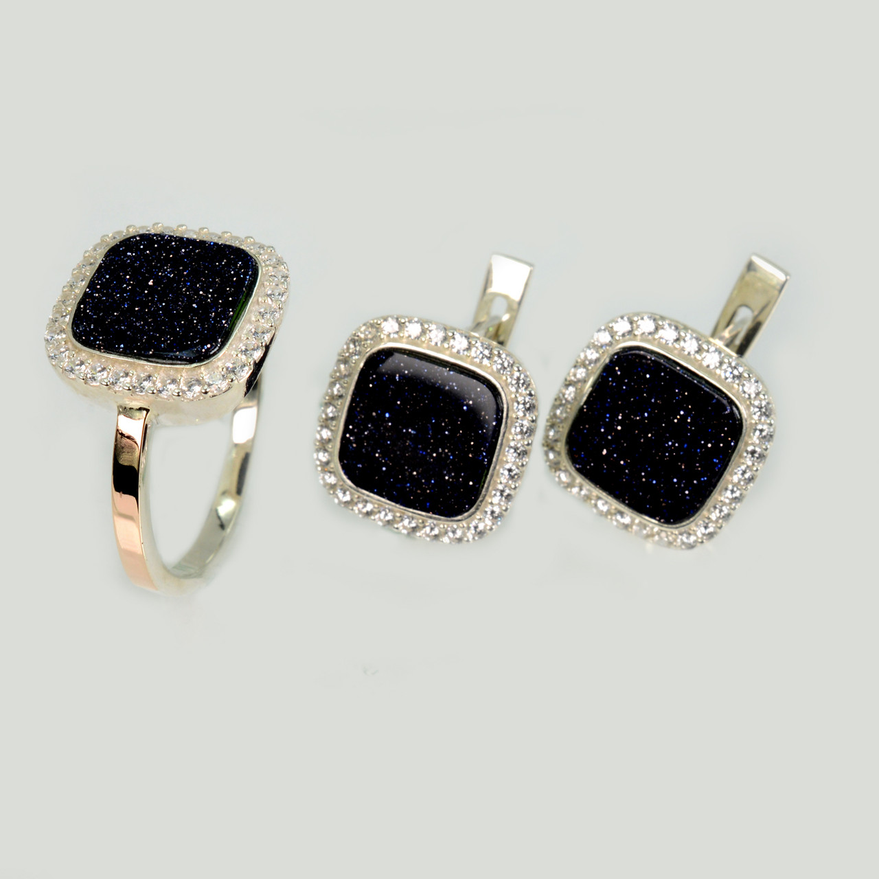 Срібний комплект з авантюрином і фіанітами, фото 1