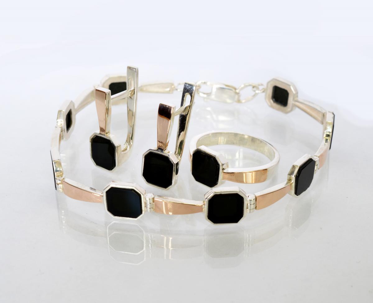 Срібний набір(браслет, сережки,каблучка) з оніксом, фото 1