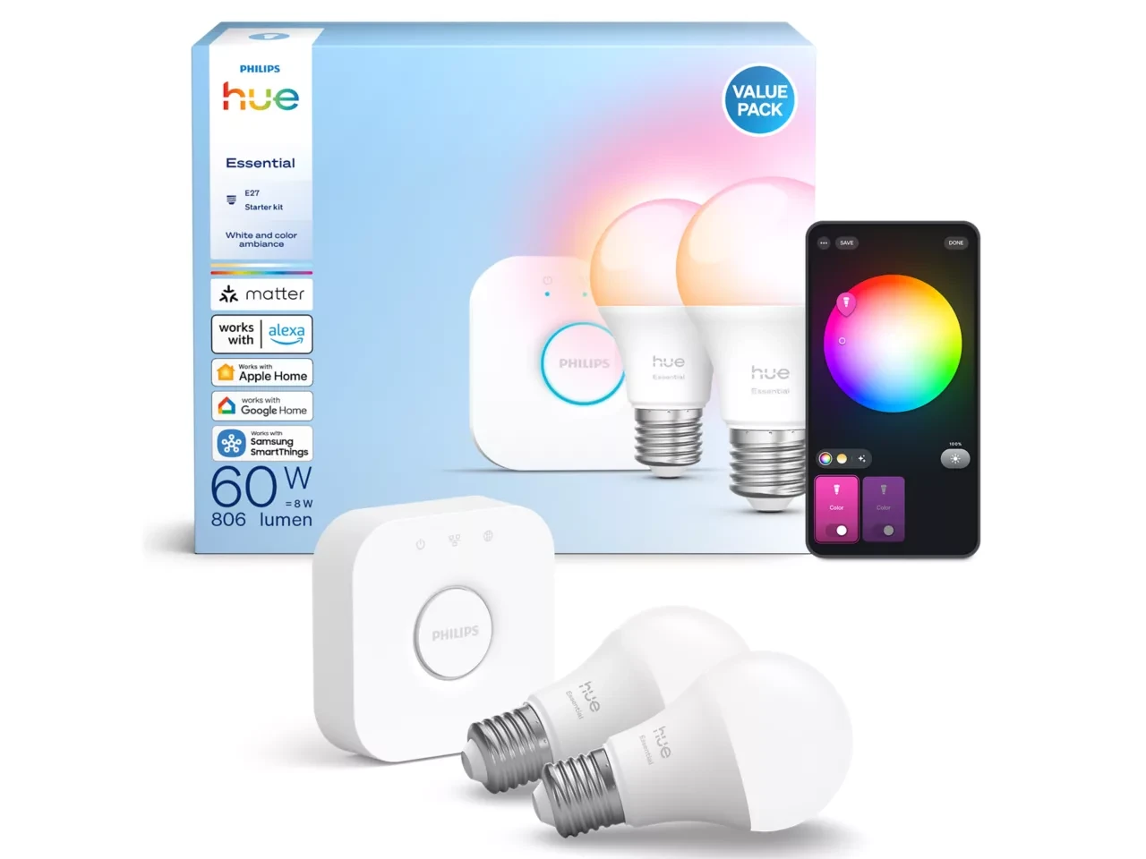 Стартовий комплект Philips Hue E27 Essential White and Color 806лм 60Вт 2 шт. + Блок керування Philips Hue Bridge, Apple HomeKit, фото 1