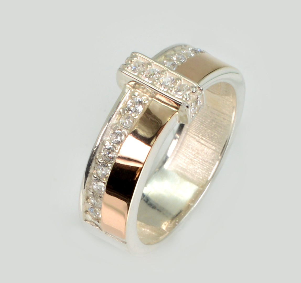 Каблучка срібна з золотими вставками і фіанітами, фото 1