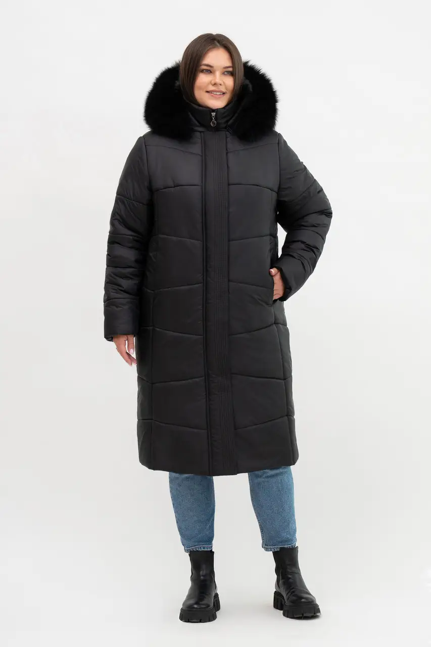 Жіночий пуховик-пальто великих розмірів з натуральним хутром песця Li-10, фото 1