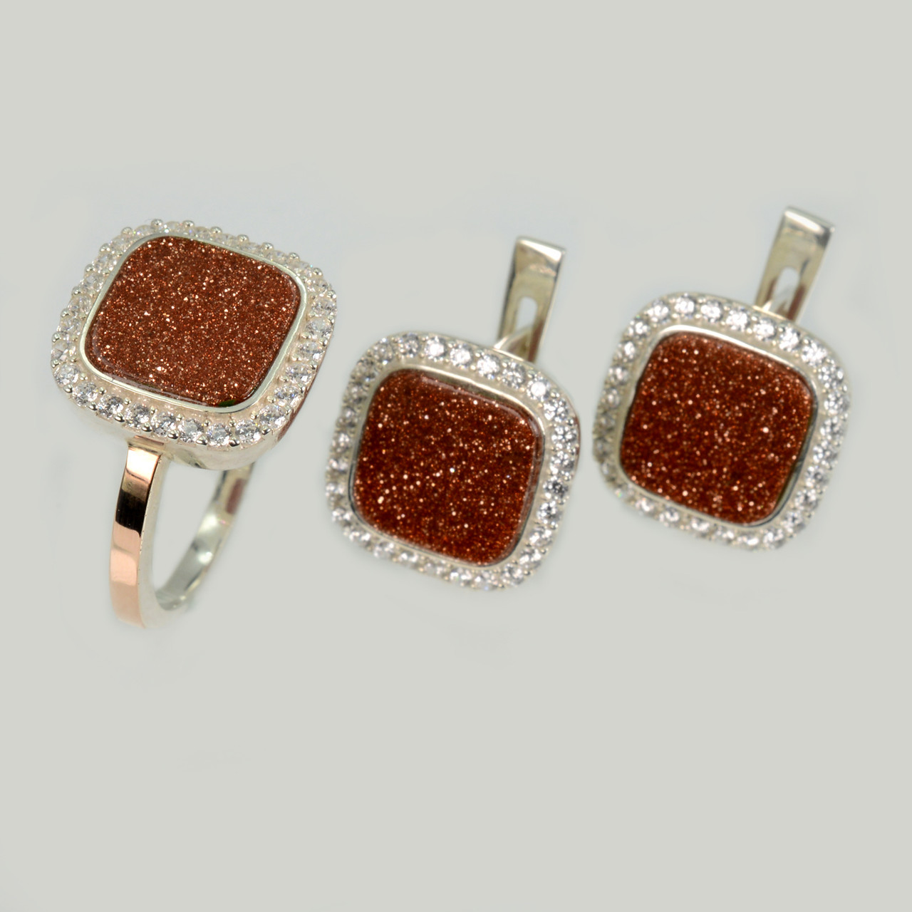 Срібний комплект з авантюрином і фіанітами, фото 1