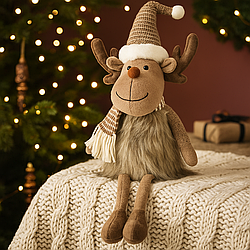 Новорічний олень з шарфом і шапкою Санти, 40–60 см, коричнево-бежевий декор для дому