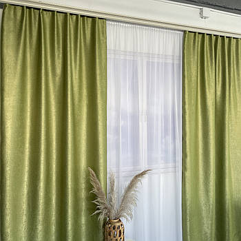 Штори софт-велюр блекаут салатові з білим шифоновим тюлем ALBO (SHTN-250-4)