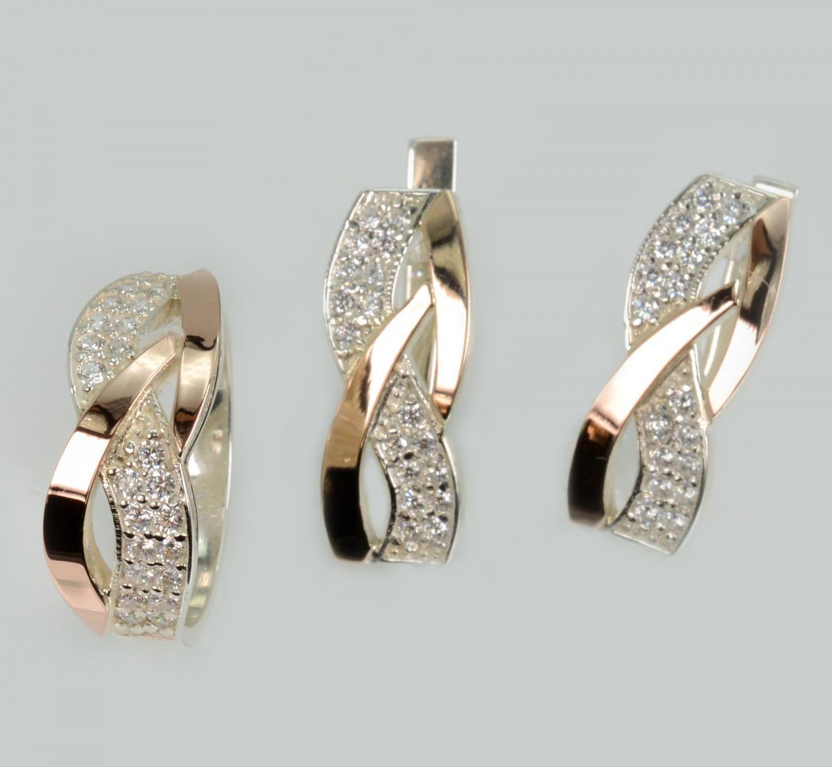 Срібний набір сережки та каблучка з фіанітами, фото 1