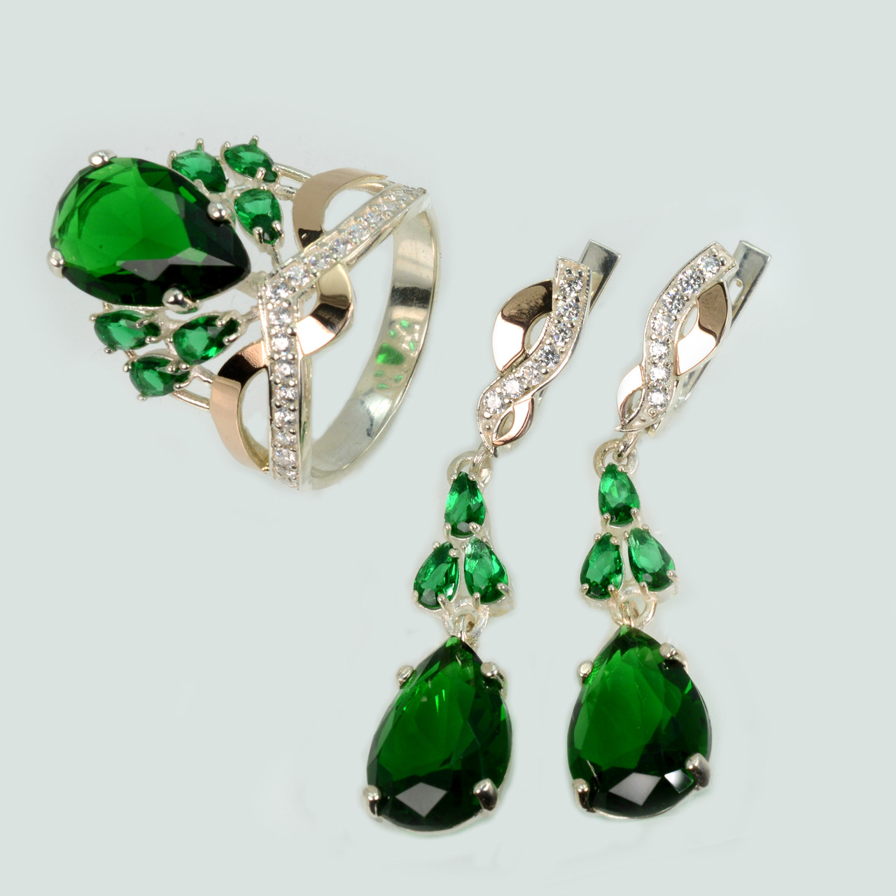 Срібний набір з золотими вставками і фіанітами, фото 1