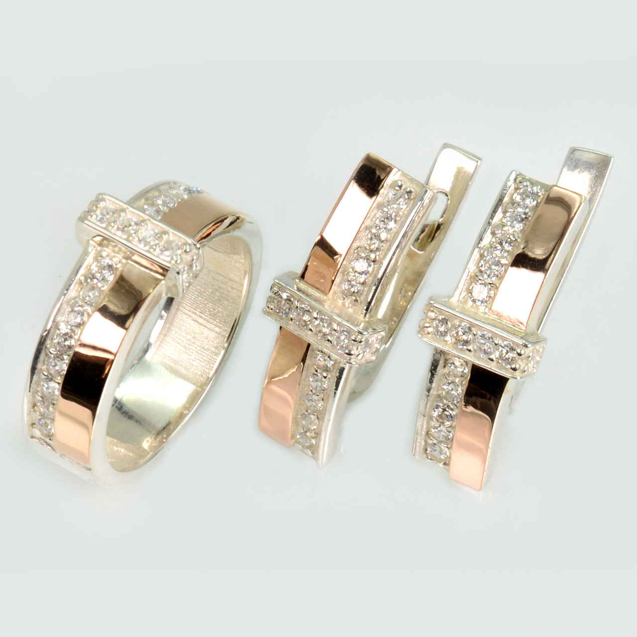 Срібний комплект з золотими вставками і фіанітами, фото 1