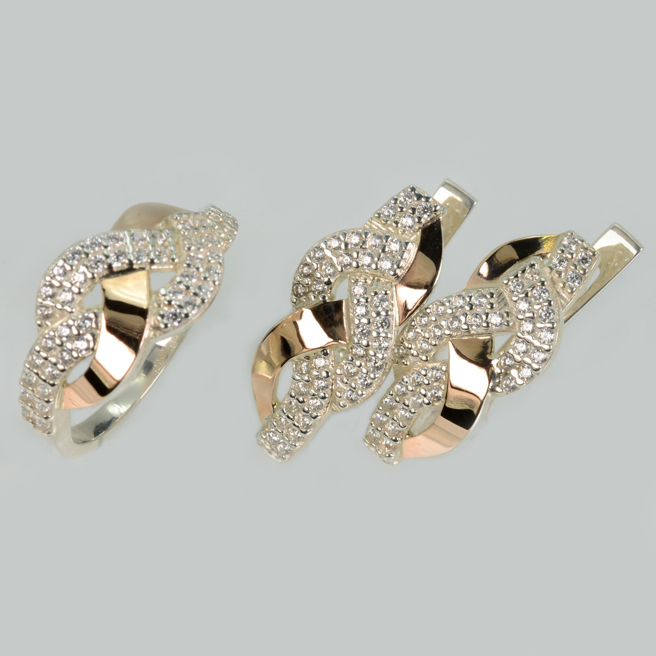 Срібний набір з золотими напайками і фіанітами, фото 1