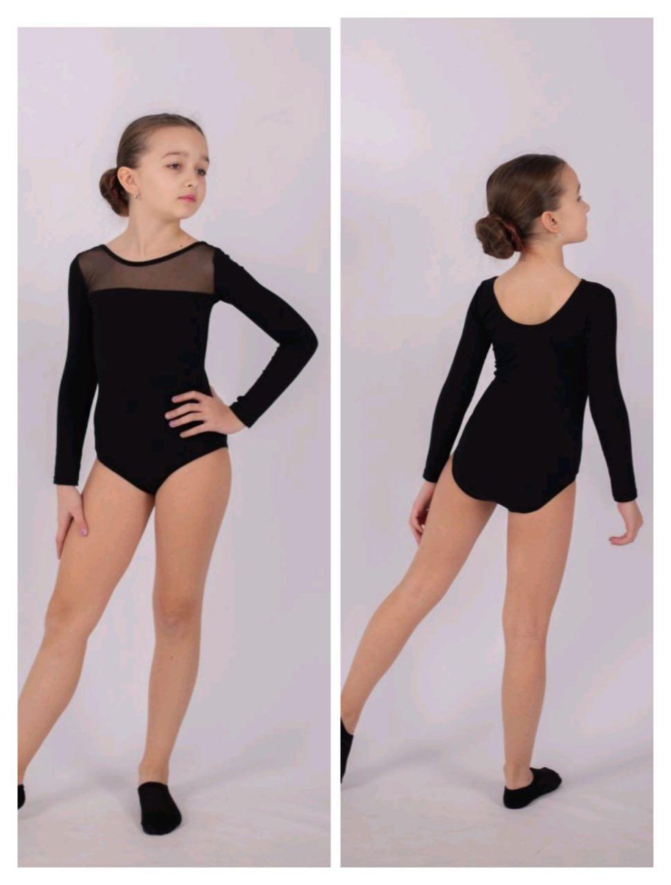 Купальник трикотажний із довгим рукавом зі сіткою (чорний), трико-гімнастичний, купальник для танців, гімнастики, хореографії, фото 1