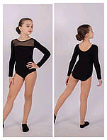 Купальник трикотажний із довгим рукавом зі сіткою (чорний), трико-гімнастичний, купальник для танців, гімнастики, хореографії
