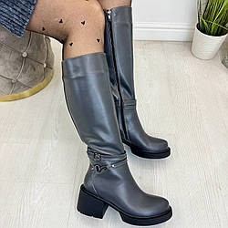 Чоботи шкіряні жіночі на широкому підборі. Сірий колір