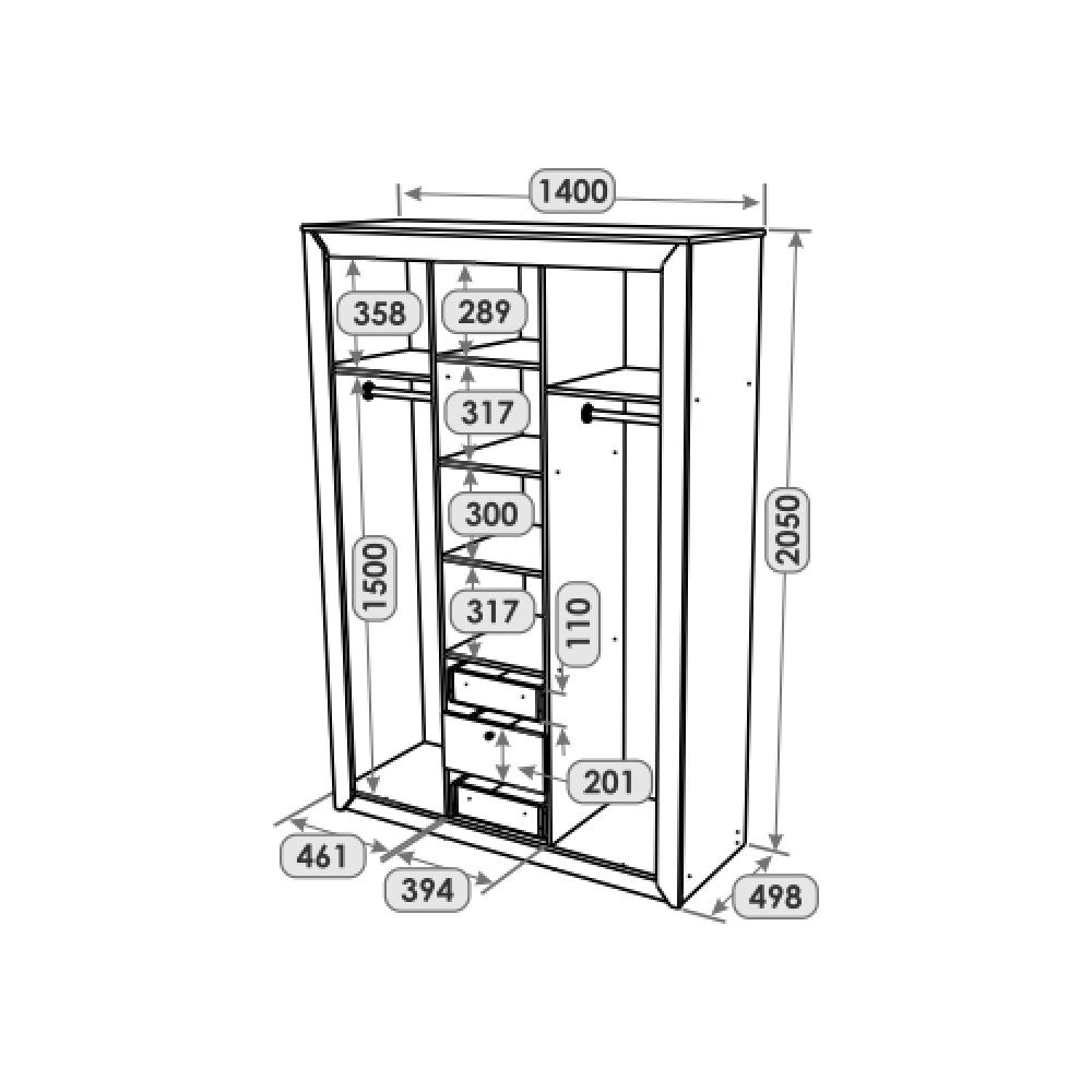 Шафа тридверна Еверест Нордік-1400 Білий + Дуб крафт золотий PREMIUM