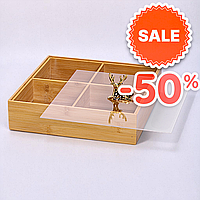 Менажниця дерев'яна на 4 секції, квадрат, кришка, бортики, під горіхи та соуси, сервірування столу