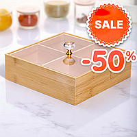 Менажниця з дерева 22×22×8 см, квадратна, чотири осередки, кришка, для закусок та сухофруктів