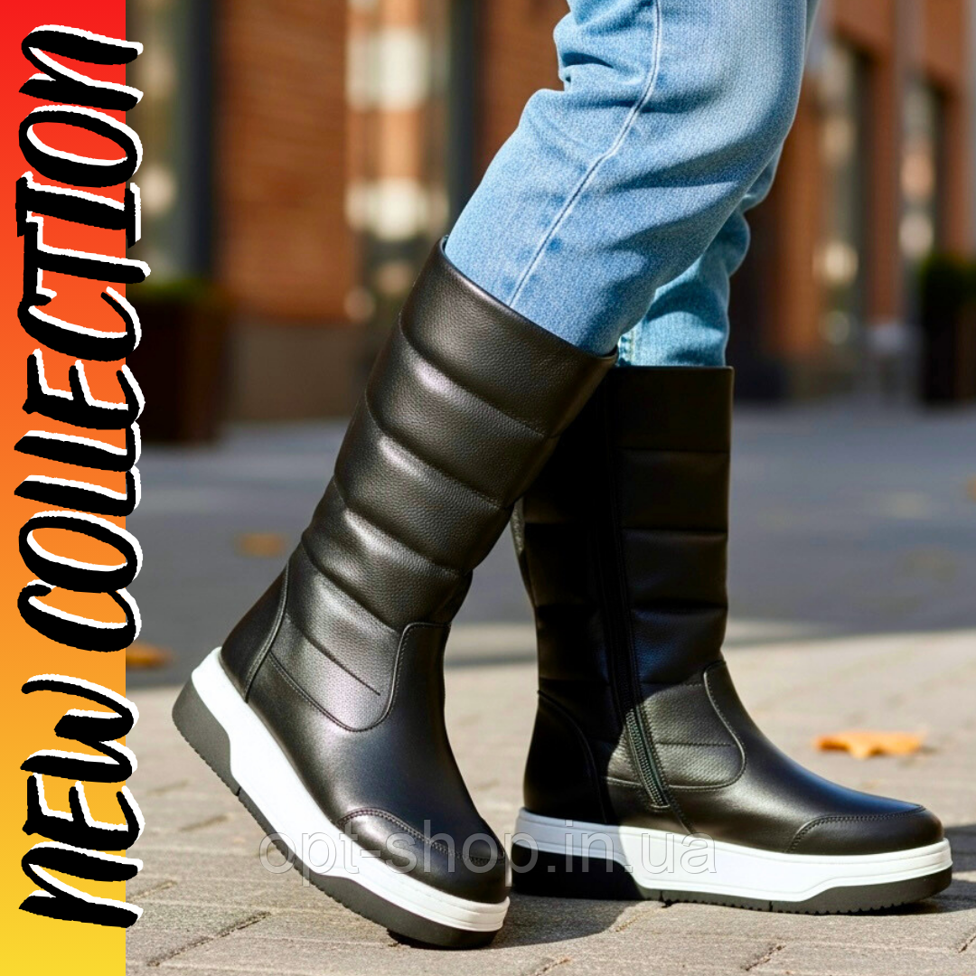 Чоботи Жіночі зимові шкіряні дуті білі чорні спортивні дутики, чоботи жіночі зимові шкіряні дуті спортивні на хутрі, фото 1