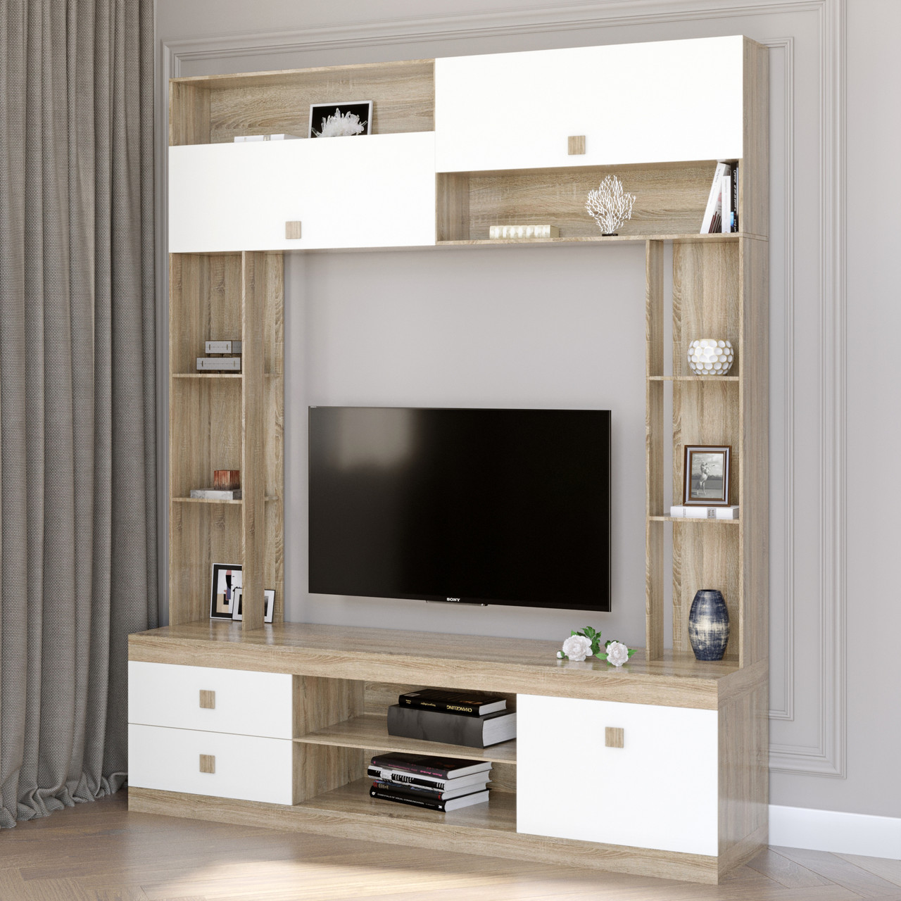 Стінка для вітальні Еверест Соната дуб сонома + білий PREMIUM