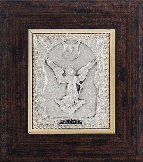 Об'ємне декоративне панно срібло "Янгол Хранитель" в рамі з натурального дерева, фото 1