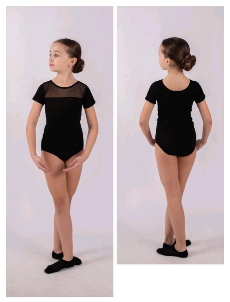 Купальник із коротким рукавом зі сіткою для гімнастики та танців, чорний, трикотаж, фото 1