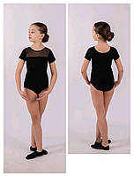 Купальник із коротким рукавом зі сіткою для гімнастики та танців, чорний, трикотаж