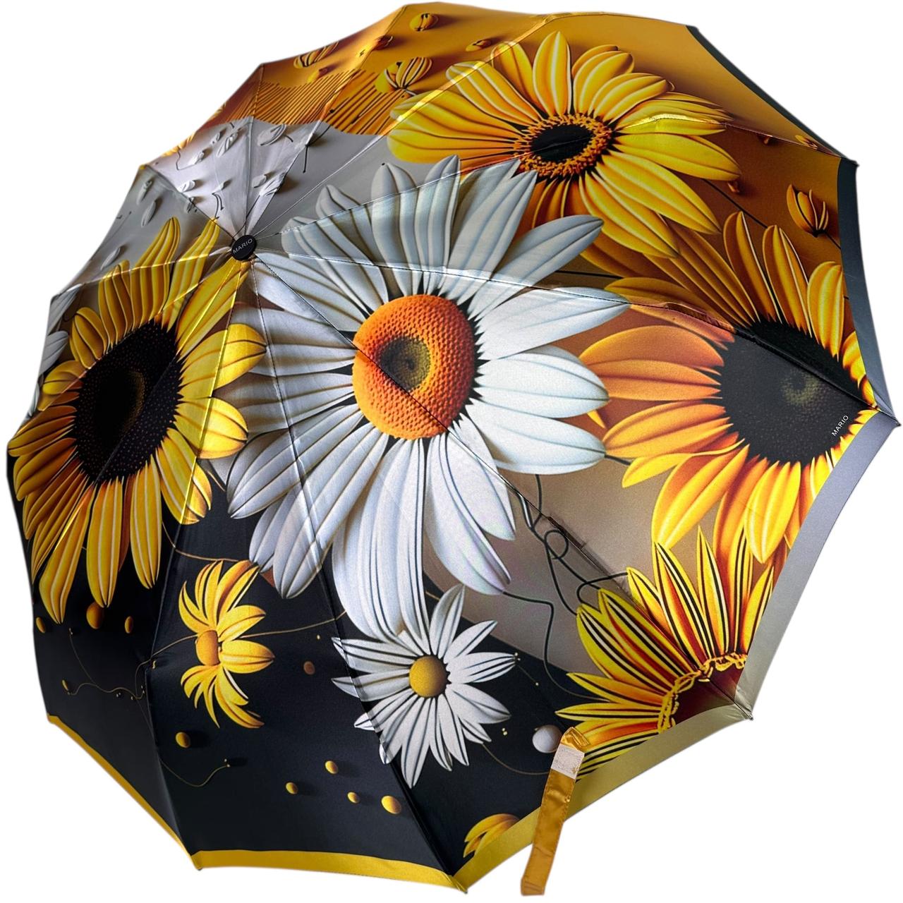 Жіноча парасоля автомат на 12+5+2 сигментних карбонових спиць сатиновий купол з принтом квітів від Mario, чорна ручка, MR 0456-1