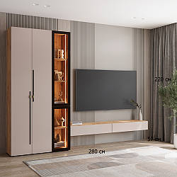 Стінка під телевізор з підсвічуванням Спейс 280 см дуб аппалачі з фасадом тоффі та підвісною тумбою