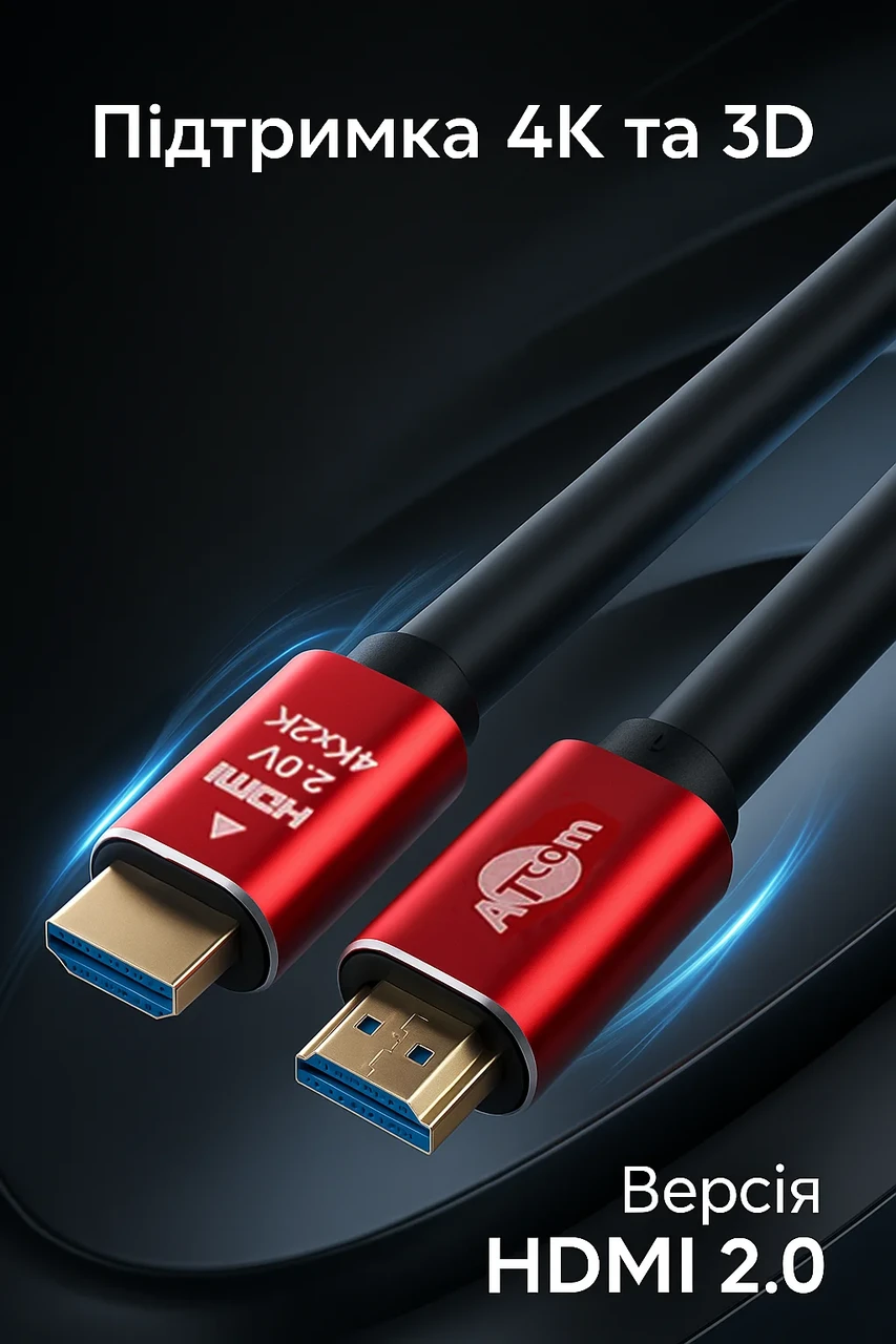 Кабель Atcom HDMI-HDMI 2м Red/Gold v2.0 4k, фото 1