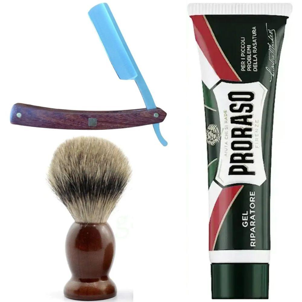Небезпечна бритва/шавета розкладна Straight Razor + помазок SHIMA + гель від порізів Proraso Razor Cut Repair Gel, фото 1