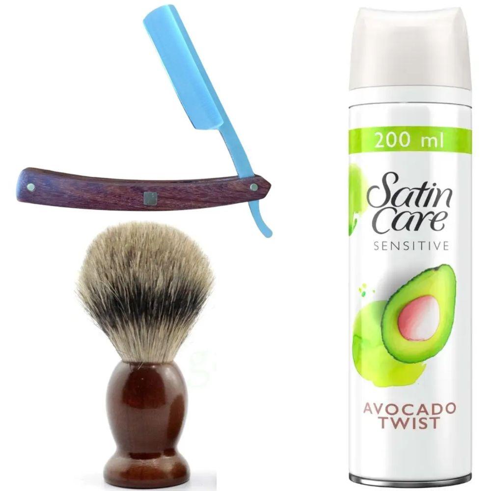 Небезпечна бритва/шавета розкладна Straight Razor + помазок SHIMA + гель для гоління Gillette Satin Care Gel Avocado 200 мл, фото 1
