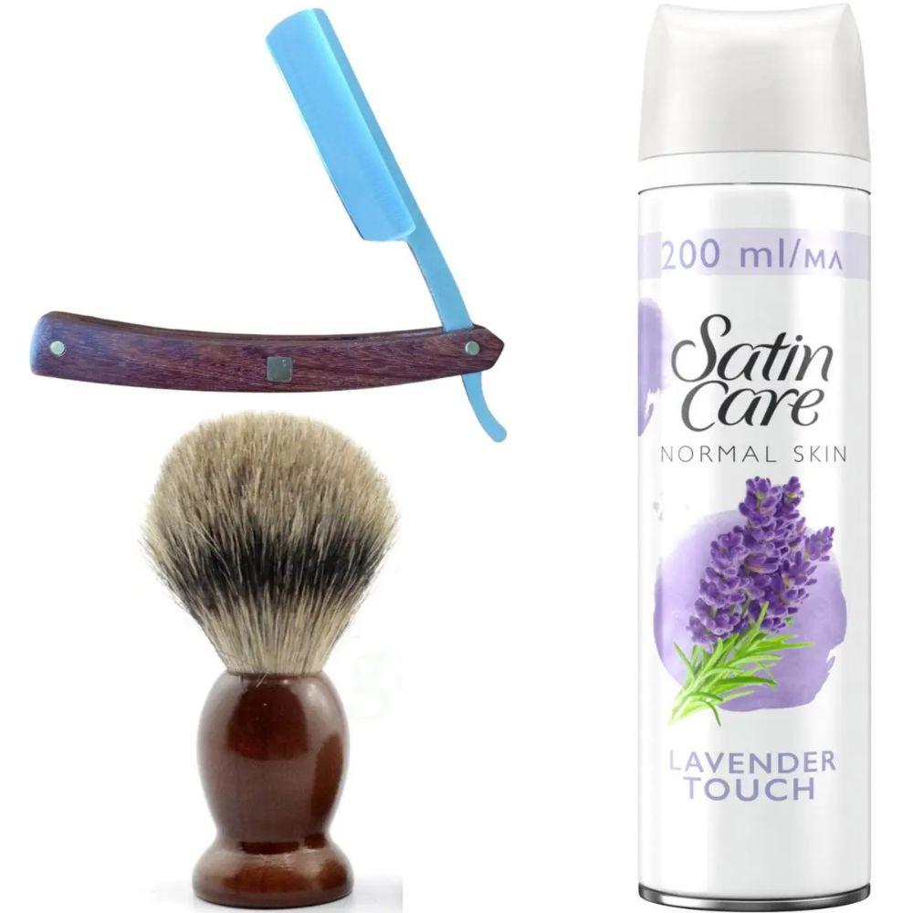 Небезпечна бритва/шавета розкладна Straight Razor + помазок SHIMA + гель для гоління Gillette Satin Care Gel Lavender 200 мл, фото 1