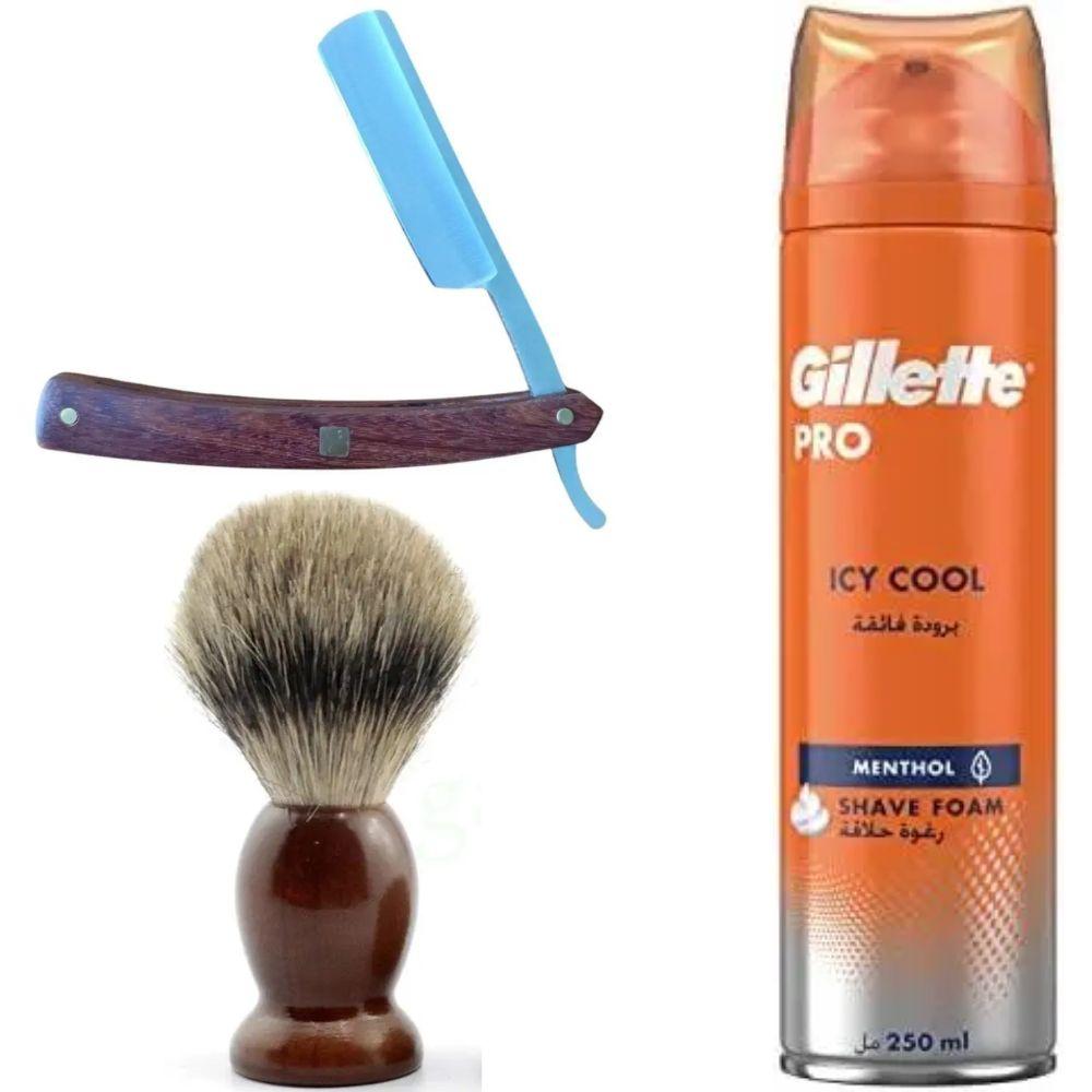 Небезпечна бритва/шавета розкладна Straight Razor + помазок SHIMA + піна для гоління Gillette Pro Icy Cool з ментолом, фото 1