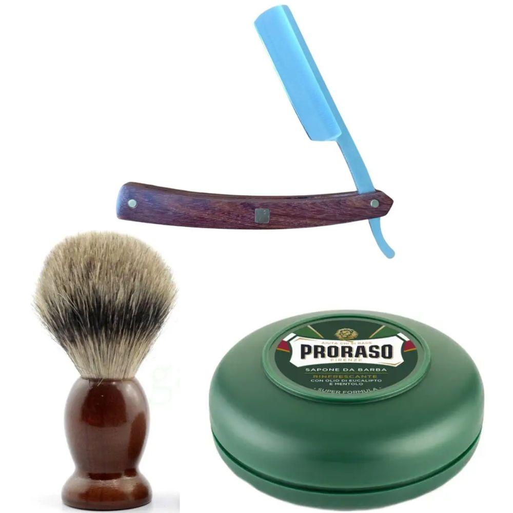 Небезпечна бритва/шавета розкладна Straight Razor + помазок SHIMA + мило для гоління Proraso Rinfrescante Green Eucalyptus, фото 1